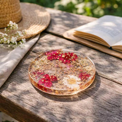 Real Dried Flower Resin Coaster, Handmade Floral Coaster, Gold Flakes, Aesthetic Home Decor Gift