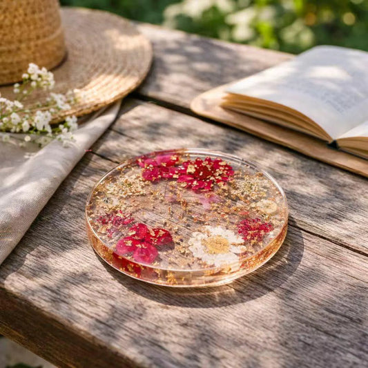 Real Dried Flower Resin Coaster, Handmade Floral Coaster, Gold Flakes, Aesthetic Home Decor Gift