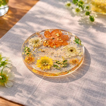 Real Dried Flower Resin Coaster, Handmade Floral Coaster, Gold Flakes, Aesthetic Home Decor Gift