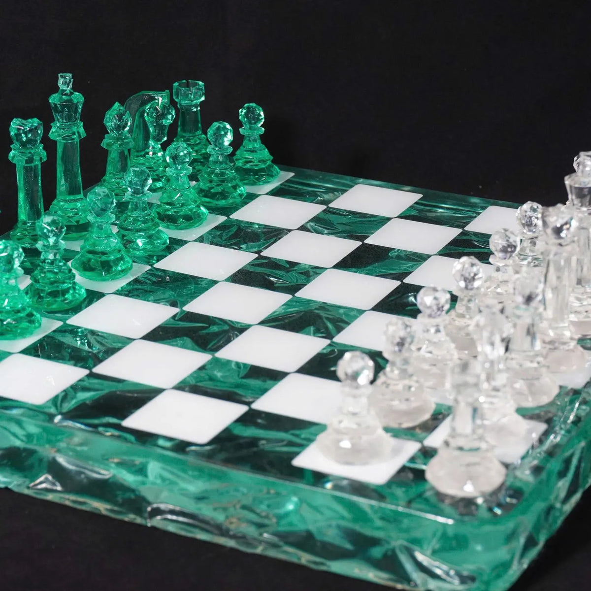 Emerald Crystal Resin Chess Set with Luxury Handmade Epoxy Board and Natural Wooden Box