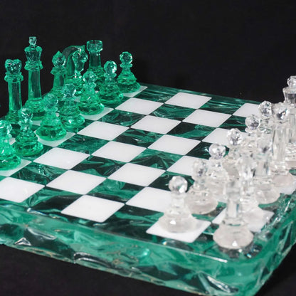 Emerald Crystal Resin Chess Set with Luxury Handmade Epoxy Board and Natural Wooden Box