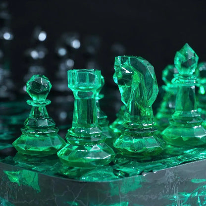 Emerald Crystal Resin Chess Set with Luxury Handmade Epoxy Board and Natural Wooden Box