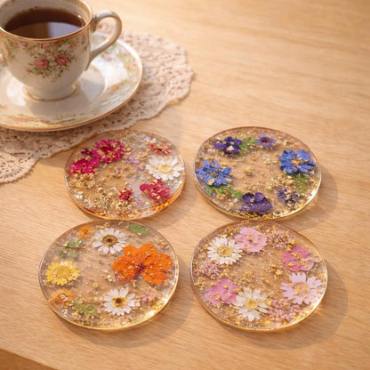 Real Dried Flower Resin Coaster, Handmade Floral Coaster, Gold Flakes, Aesthetic Home Decor Gift