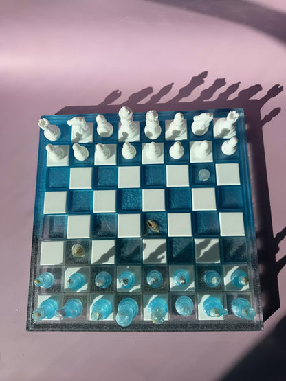 Unique Handmade Ocean Resin Chess Set with Luxury Epoxy Board and Artistic Wave Design