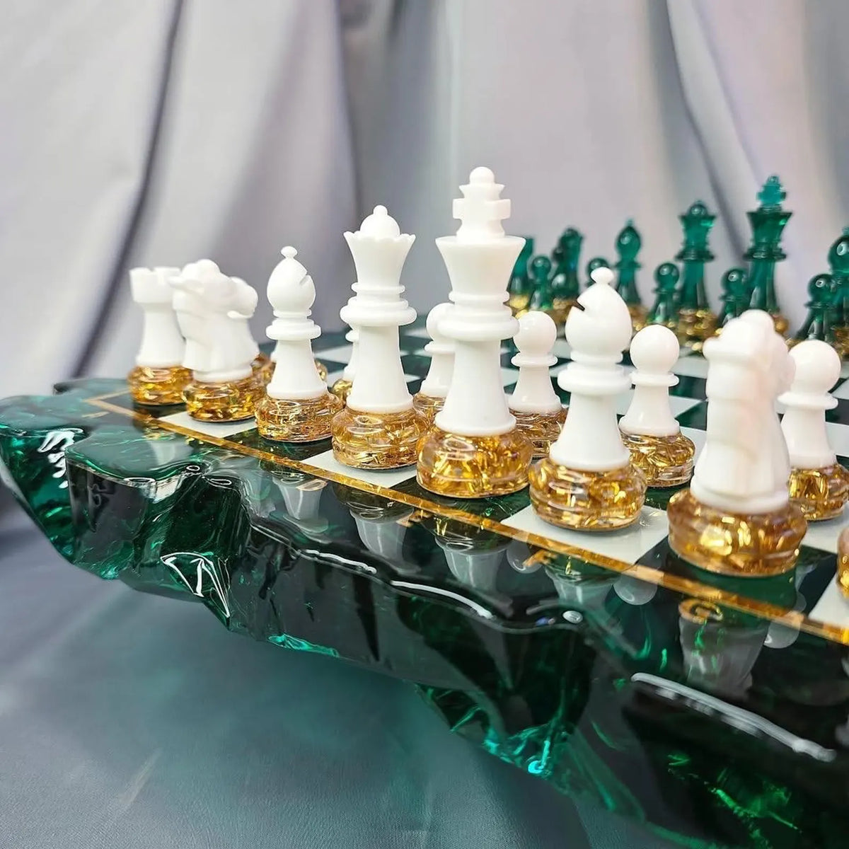 Handmade Ocean Ice Resin Chess Set with Modern Blue Epoxy Art Game Board Design