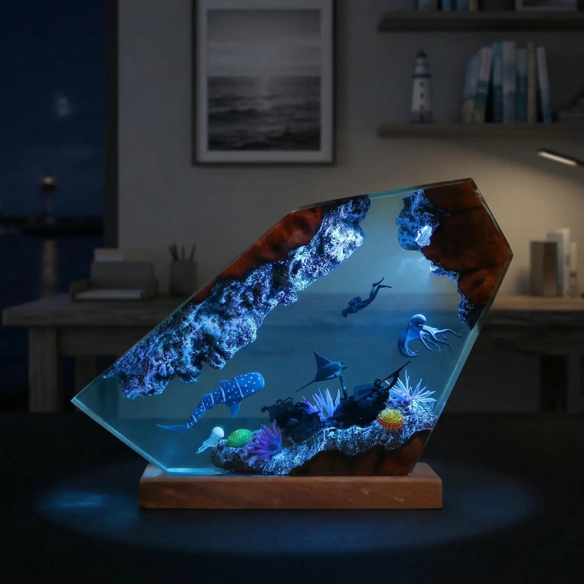 Mermaid Ocean Resin Lamp, Handmade Epoxy Night Light, Coastal Table Decor, Beach House Art