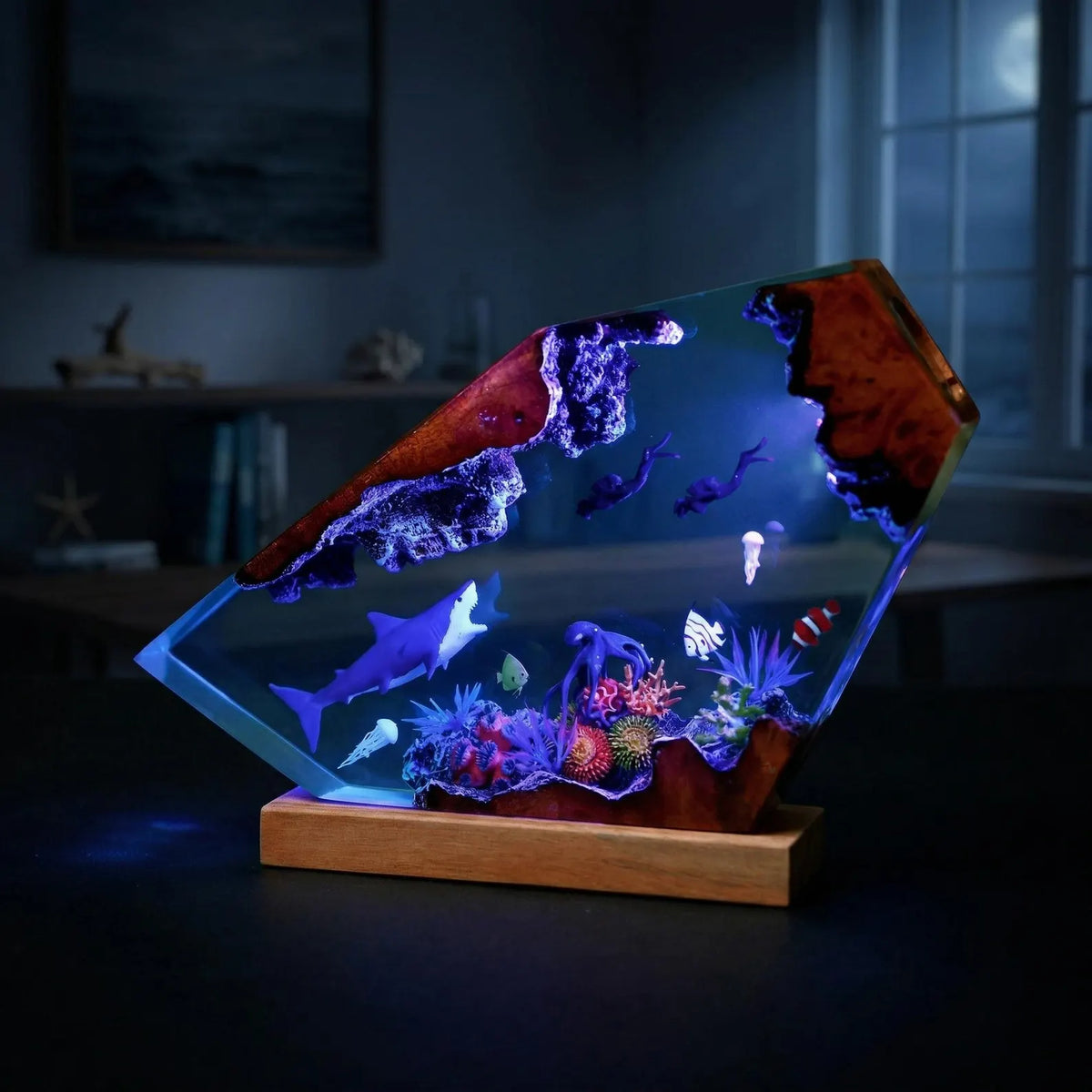 Mermaid Ocean Resin Lamp, Handmade Epoxy Night Light, Coastal Table Decor, Beach House Art