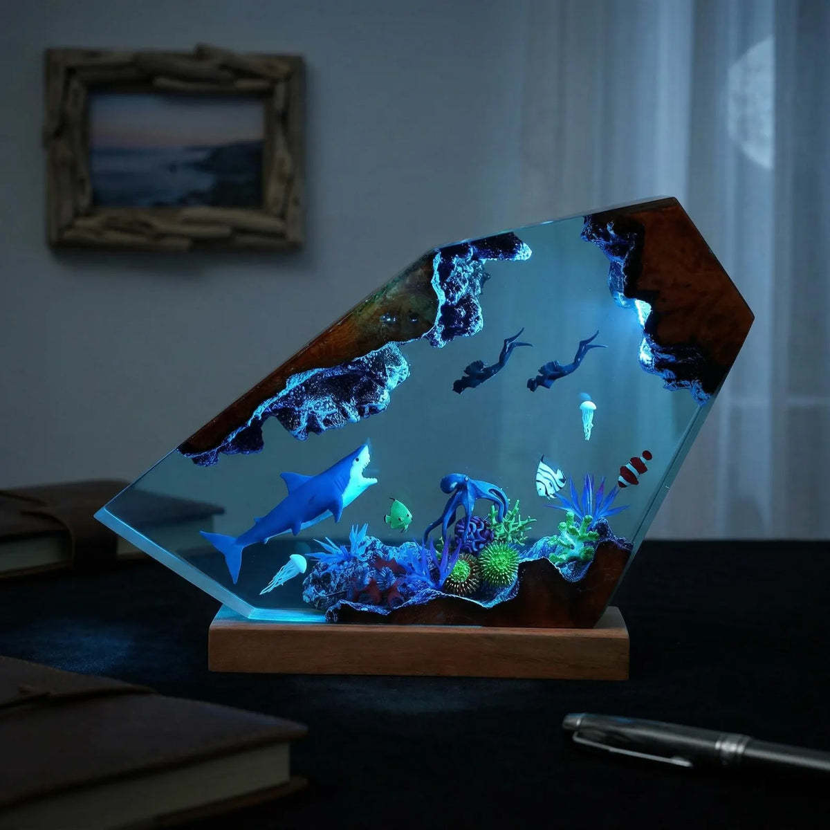 Mermaid Ocean Resin Lamp, Handmade Epoxy Night Light, Coastal Table Decor, Beach House Art