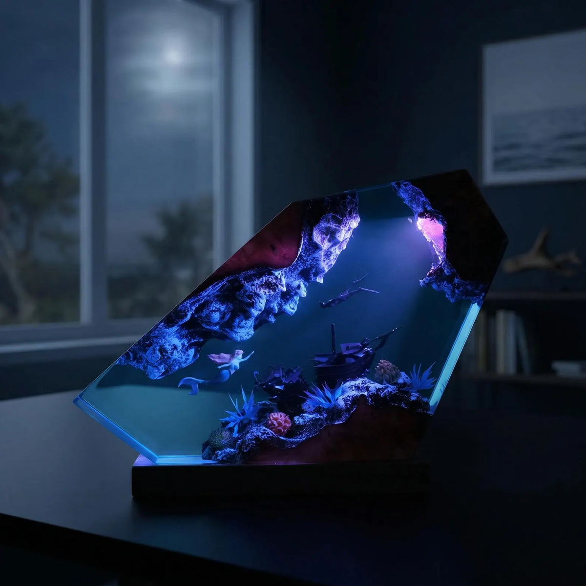 Mermaid Ocean Resin Lamp, Handmade Epoxy Night Light, Coastal Table Decor, Beach House Art