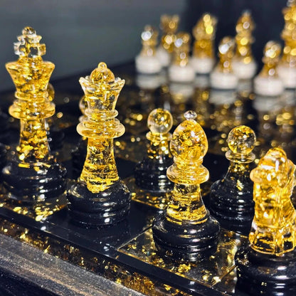 Luxury Handmade Epoxy Resin Chess Set with Gold Leaf Artistic Board and Collector Design