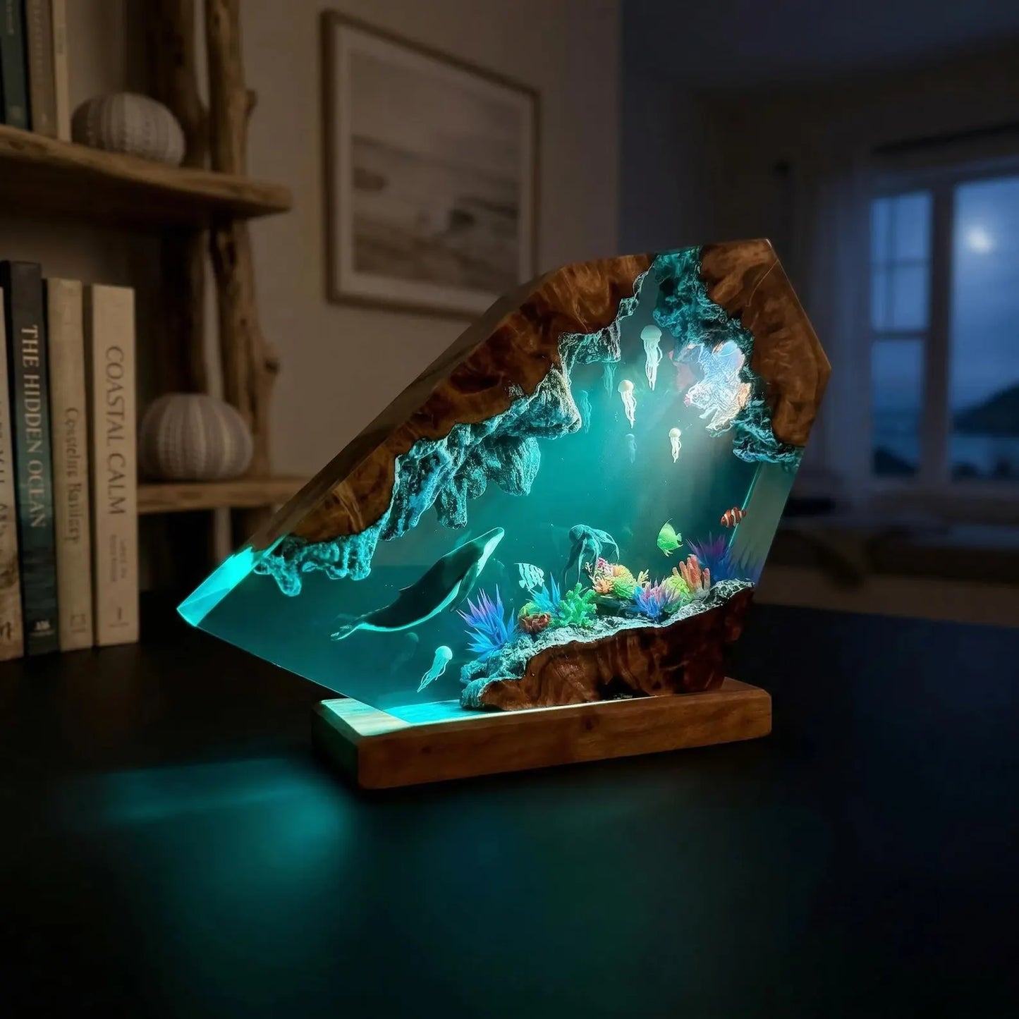 Handmade Humpback Whale & Sea Turtle Resin Lamp – Ocean Night Light Decor