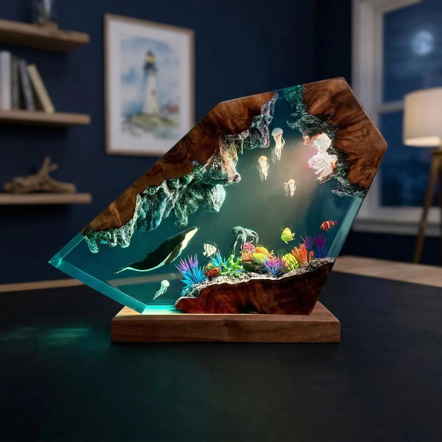 Handmade Humpback Whale & Sea Turtle Resin Lamp – Ocean Night Light Decor
