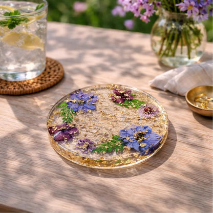 Real Dried Flower Resin Coaster, Handmade Floral Coaster, Gold Flakes, Aesthetic Home Decor Gift