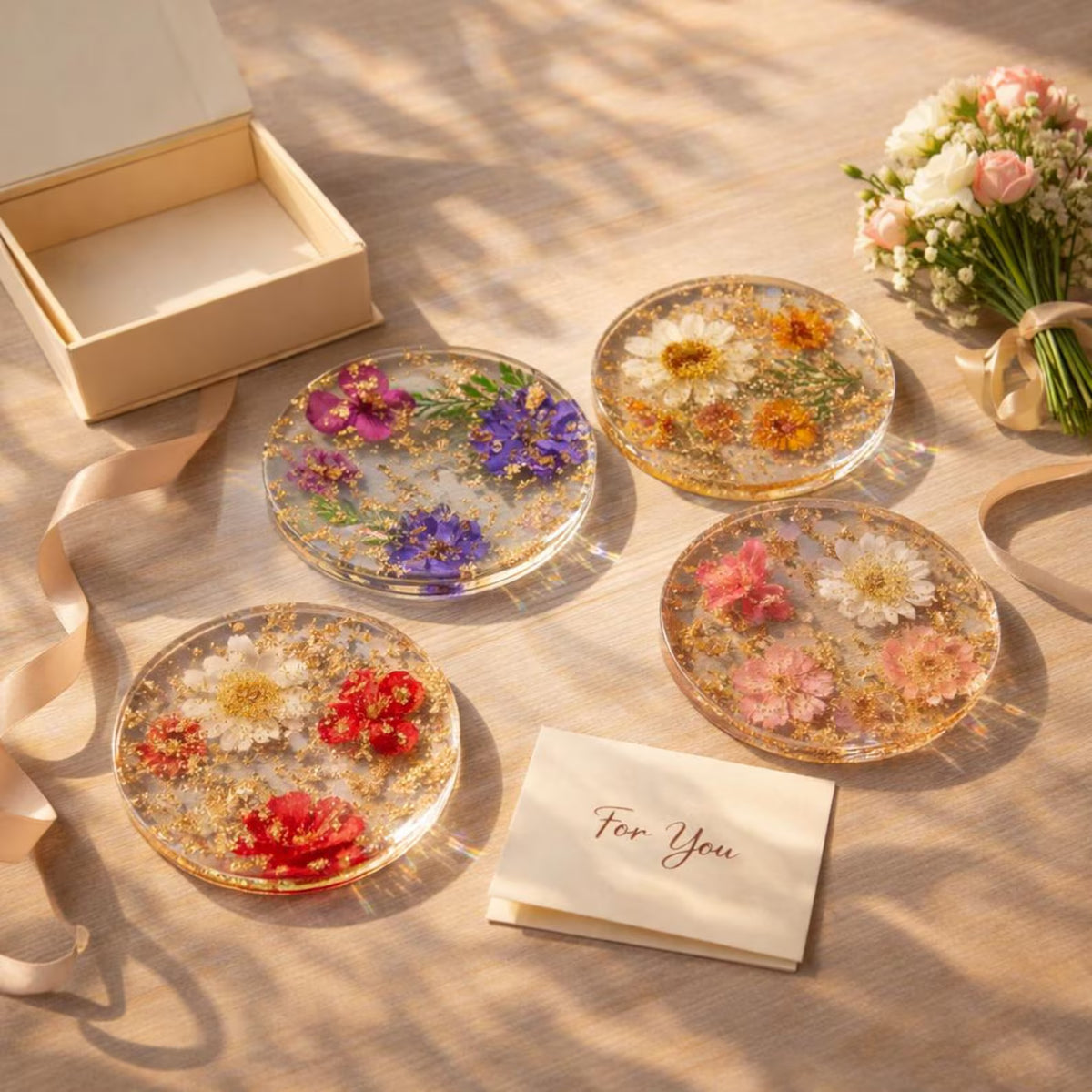 Real Dried Flower Resin Coaster, Handmade Floral Coaster, Gold Flakes, Aesthetic Home Decor Gift