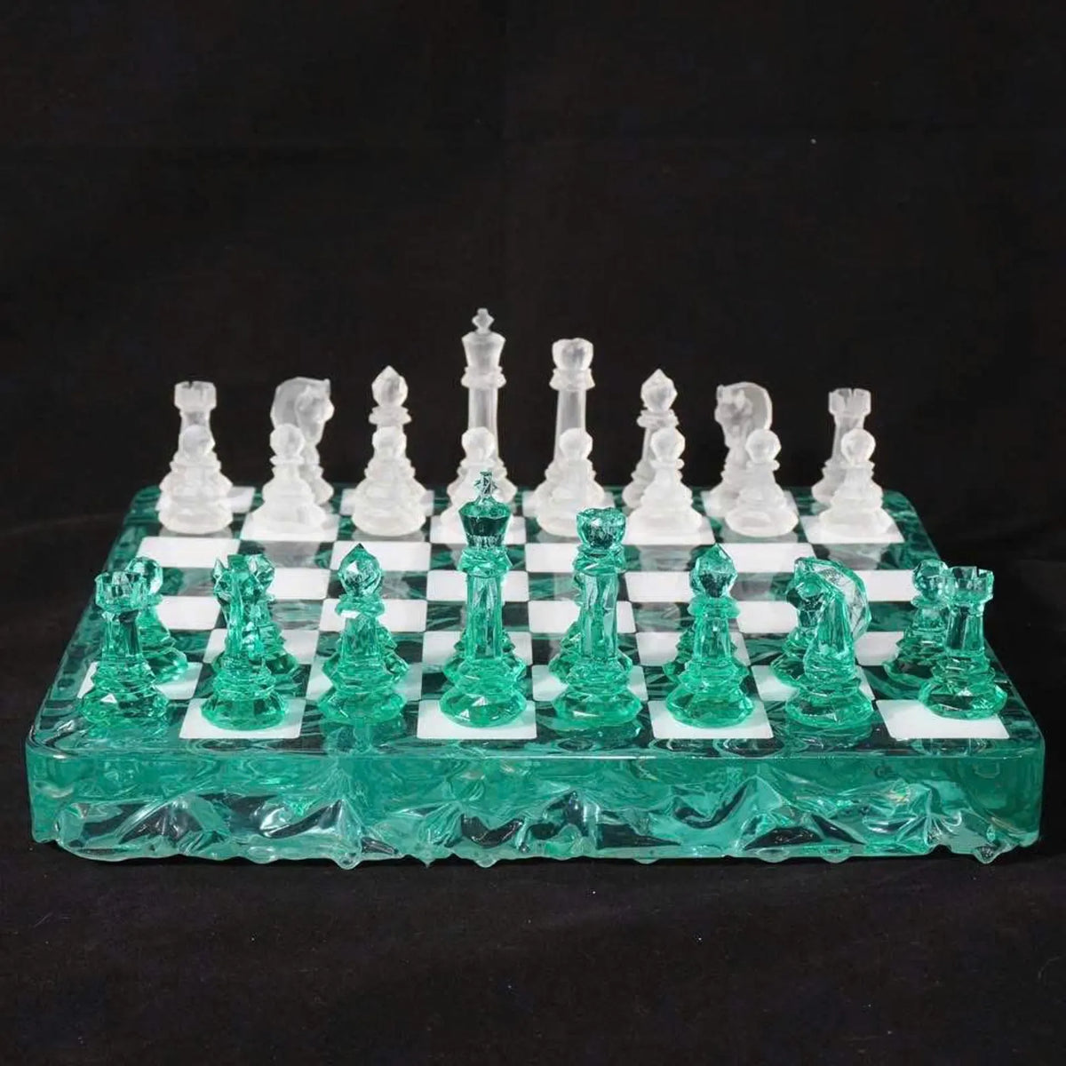 Emerald Crystal Resin Chess Set with Luxury Handmade Epoxy Board and Natural Wooden Box