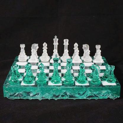 Emerald Crystal Resin Chess Set with Luxury Handmade Epoxy Board and Natural Wooden Box