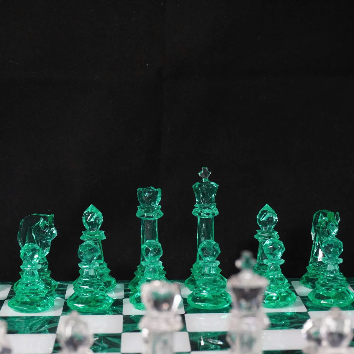 Emerald Crystal Resin Chess Set with Luxury Handmade Epoxy Board and Natural Wooden Box