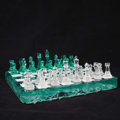 Emerald Crystal Resin Chess Set with Luxury Handmade Epoxy Board and Natural Wooden Box