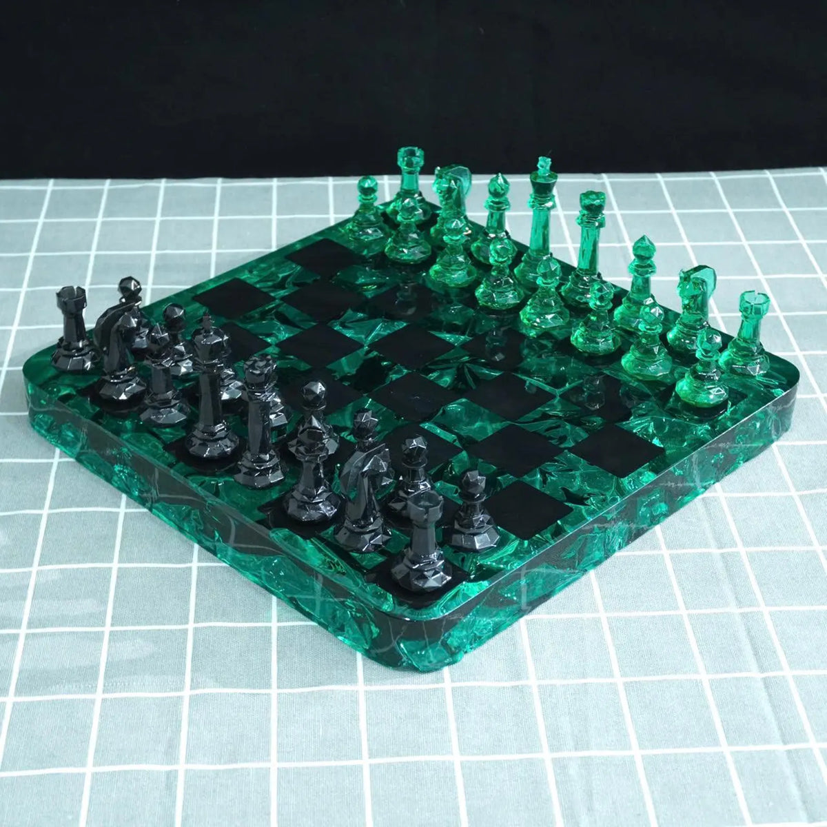 Emerald Crystal Resin Chess Set with Luxury Handmade Epoxy Board and Natural Wooden Box