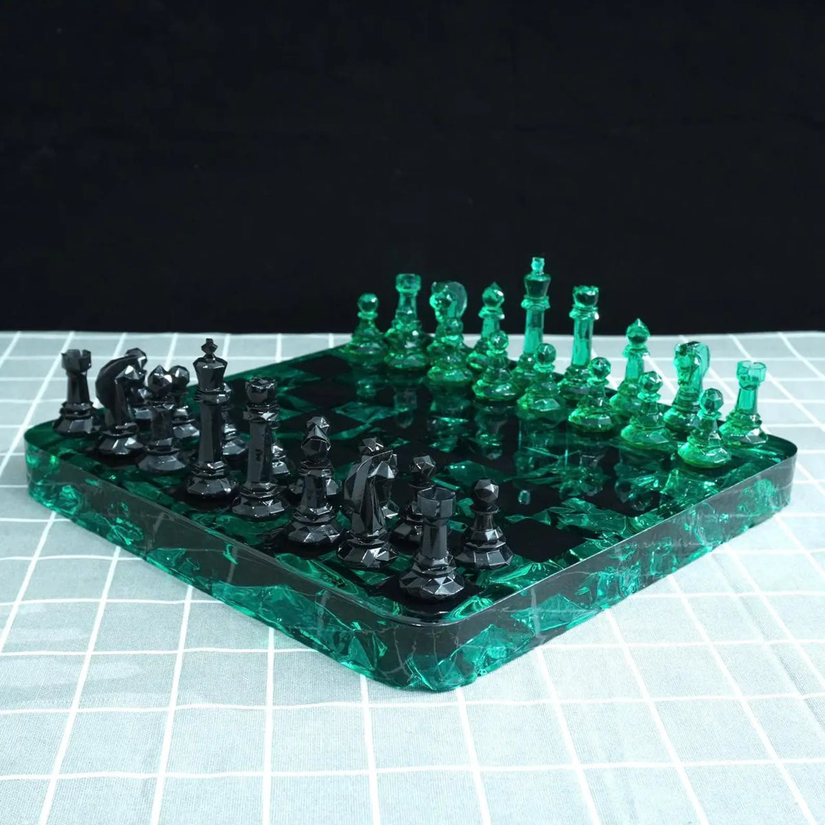 Emerald Crystal Resin Chess Set with Luxury Handmade Epoxy Board and Natural Wooden Box