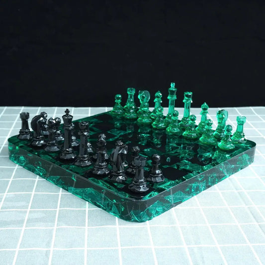 Emerald Crystal Resin Chess Set with Luxury Handmade Epoxy Board and Natural Wooden Box
