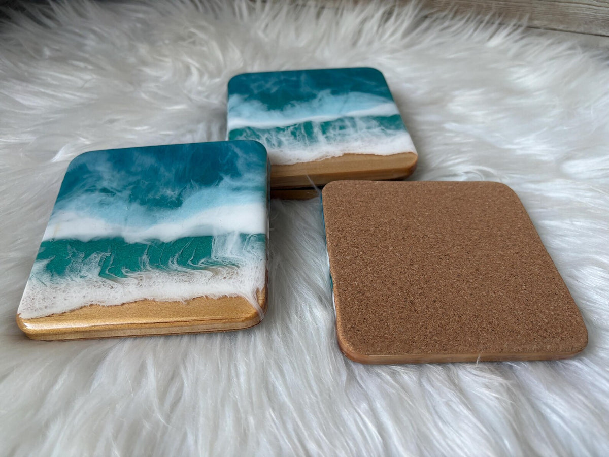 Ocean Resin Coasters, Handmade Coastal Wood Coasters, Blue Wave Decor, Rustic Beach Home Table Accessories