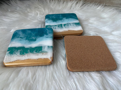 Ocean Resin Coasters, Handmade Coastal Wood Coasters, Blue Wave Decor, Rustic Beach Home Table Accessories