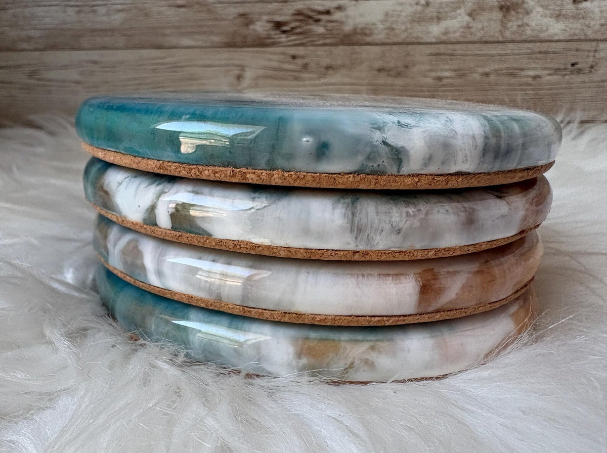 Ocean Resin Coasters, Handmade Coastal Wood Coasters, Blue Wave Decor, Rustic Beach Home Table Accessories