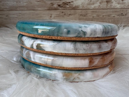 Ocean Resin Coasters, Handmade Coastal Wood Coasters, Blue Wave Decor, Rustic Beach Home Table Accessories