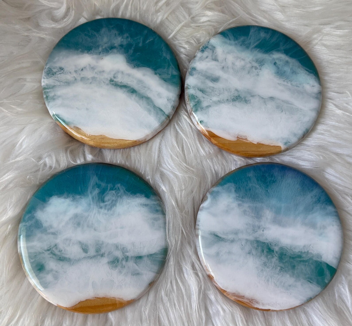 Ocean Resin Coasters, Handmade Coastal Wood Coasters, Blue Wave Decor, Rustic Beach Home Table Accessories