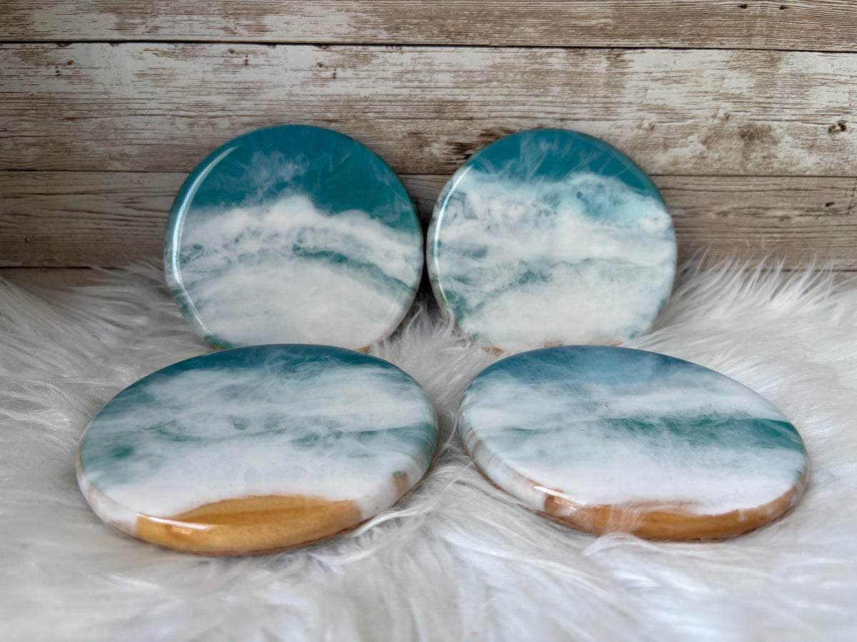 Ocean Resin Coasters, Handmade Coastal Wood Coasters, Blue Wave Decor, Rustic Beach Home Table Accessories