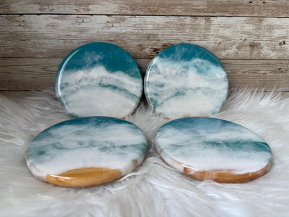 Ocean Resin Coasters, Handmade Coastal Wood Coasters, Blue Wave Decor, Rustic Beach Home Table Accessories