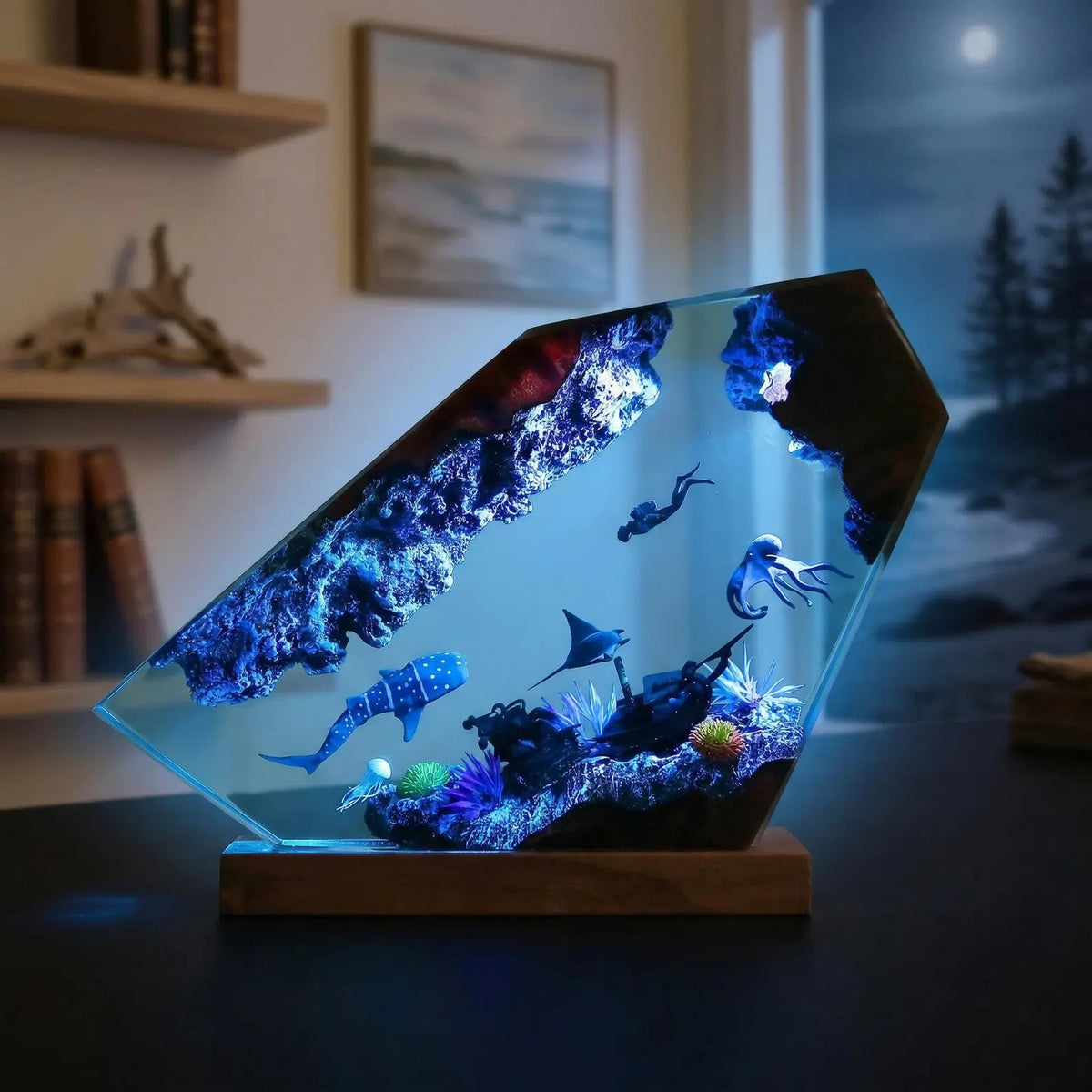 Mermaid Ocean Resin Lamp, Handmade Epoxy Night Light, Coastal Table Decor, Beach House Art