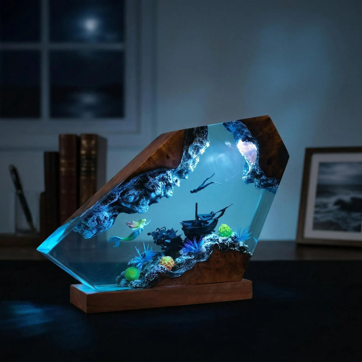 Mermaid Ocean Resin Lamp, Handmade Epoxy Night Light, Coastal Table Decor, Beach House Art