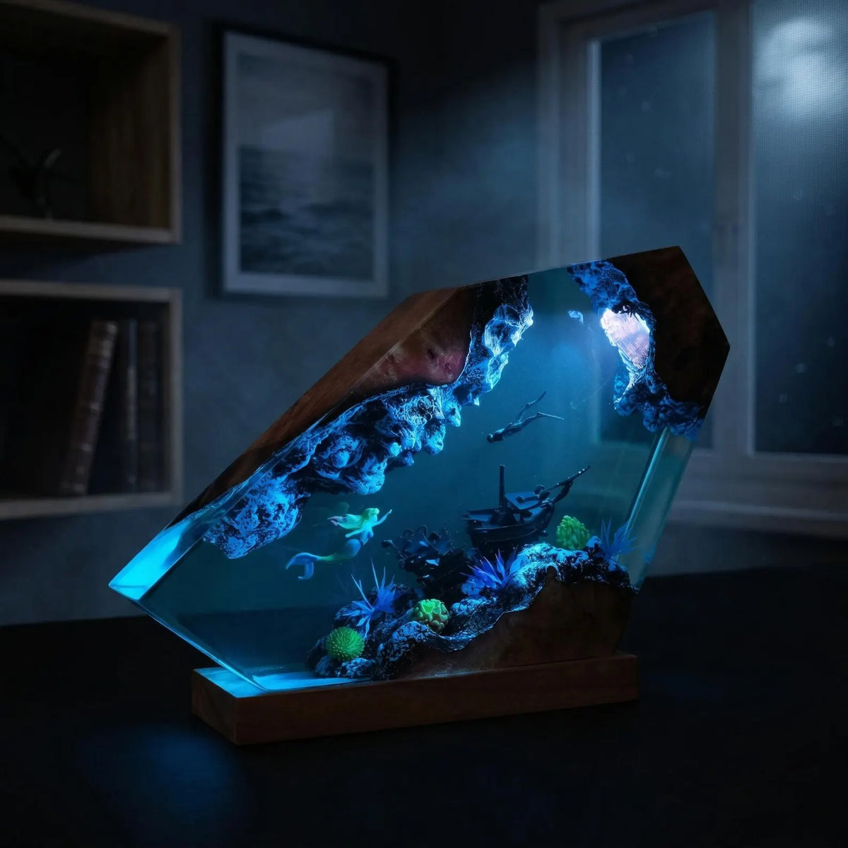 Mermaid Ocean Resin Lamp, Handmade Epoxy Night Light, Coastal Table Decor, Beach House Art