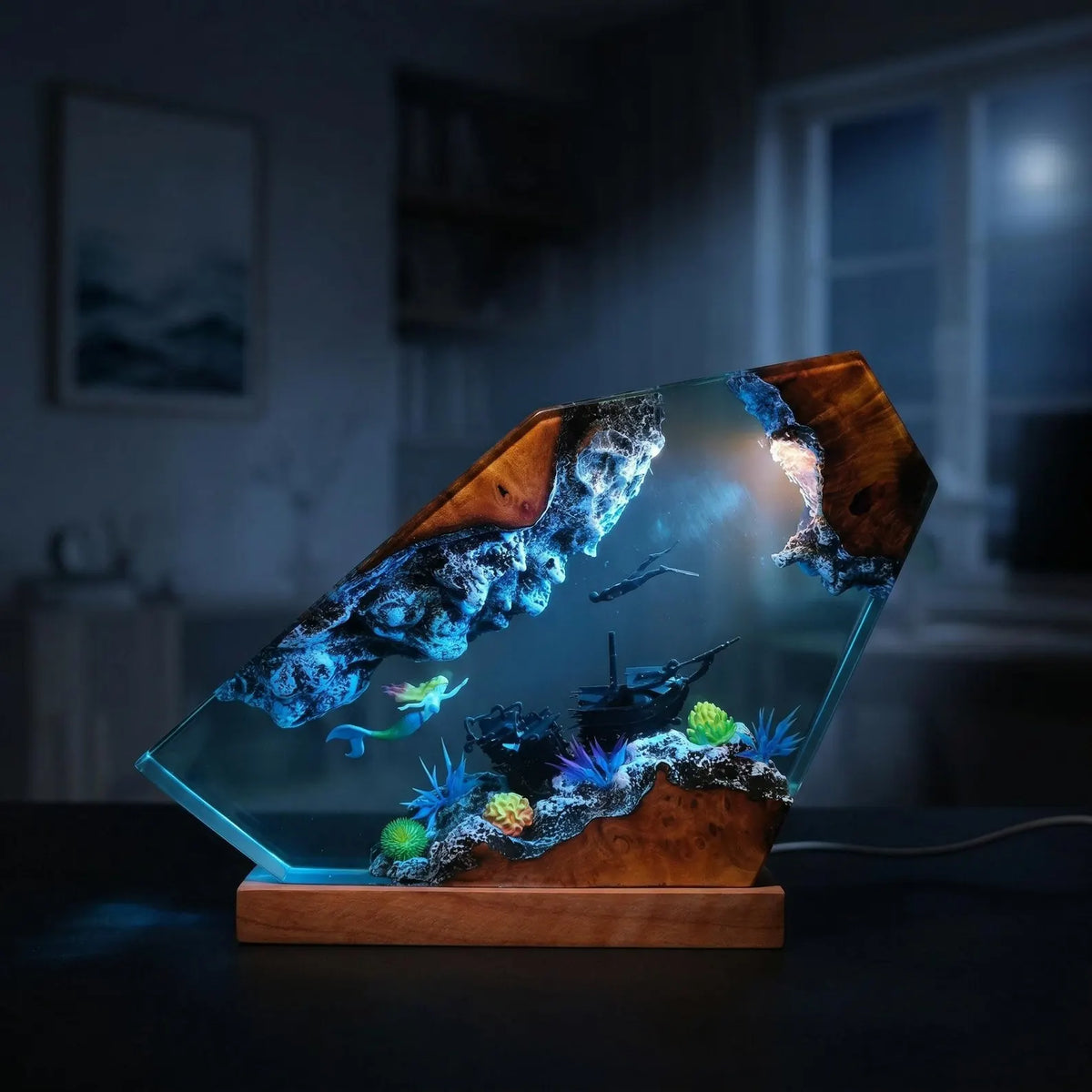 Mermaid Ocean Resin Lamp, Handmade Epoxy Night Light, Coastal Table Decor, Beach House Art