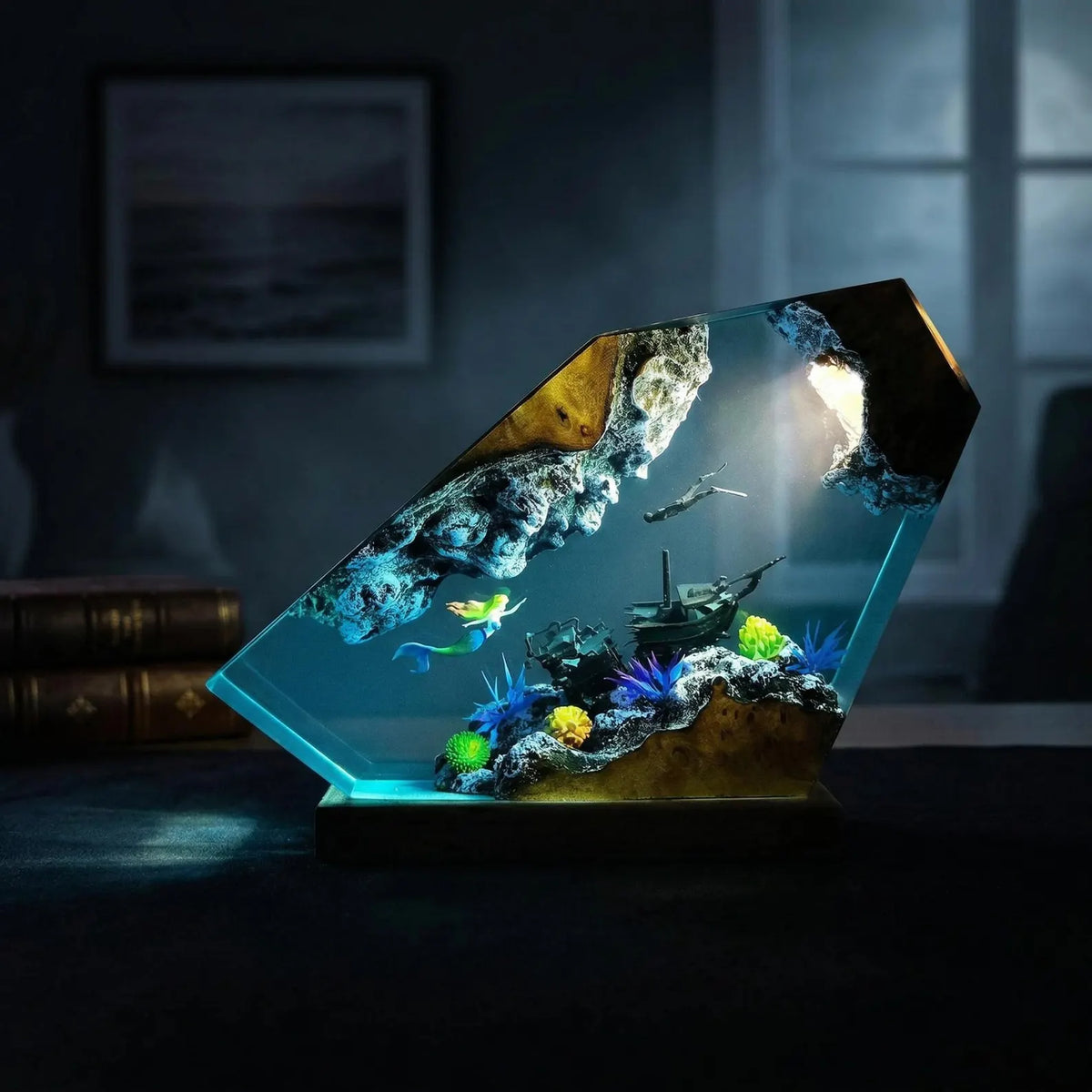 Mermaid Ocean Resin Lamp, Handmade Epoxy Night Light, Coastal Table Decor, Beach House Art