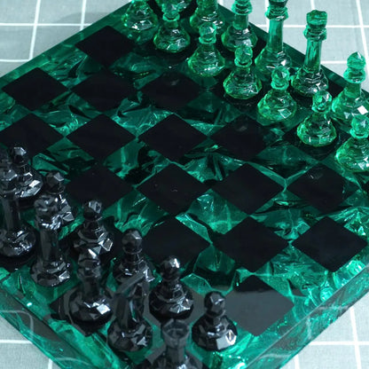 Emerald Crystal Resin Chess Set with Luxury Handmade Epoxy Board and Natural Wooden Box