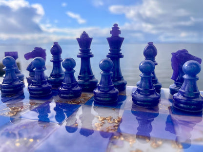 Aurora Daydream Resin Chess Set Handmade Floral Watercolor Board with Gold Leaf Accents Design