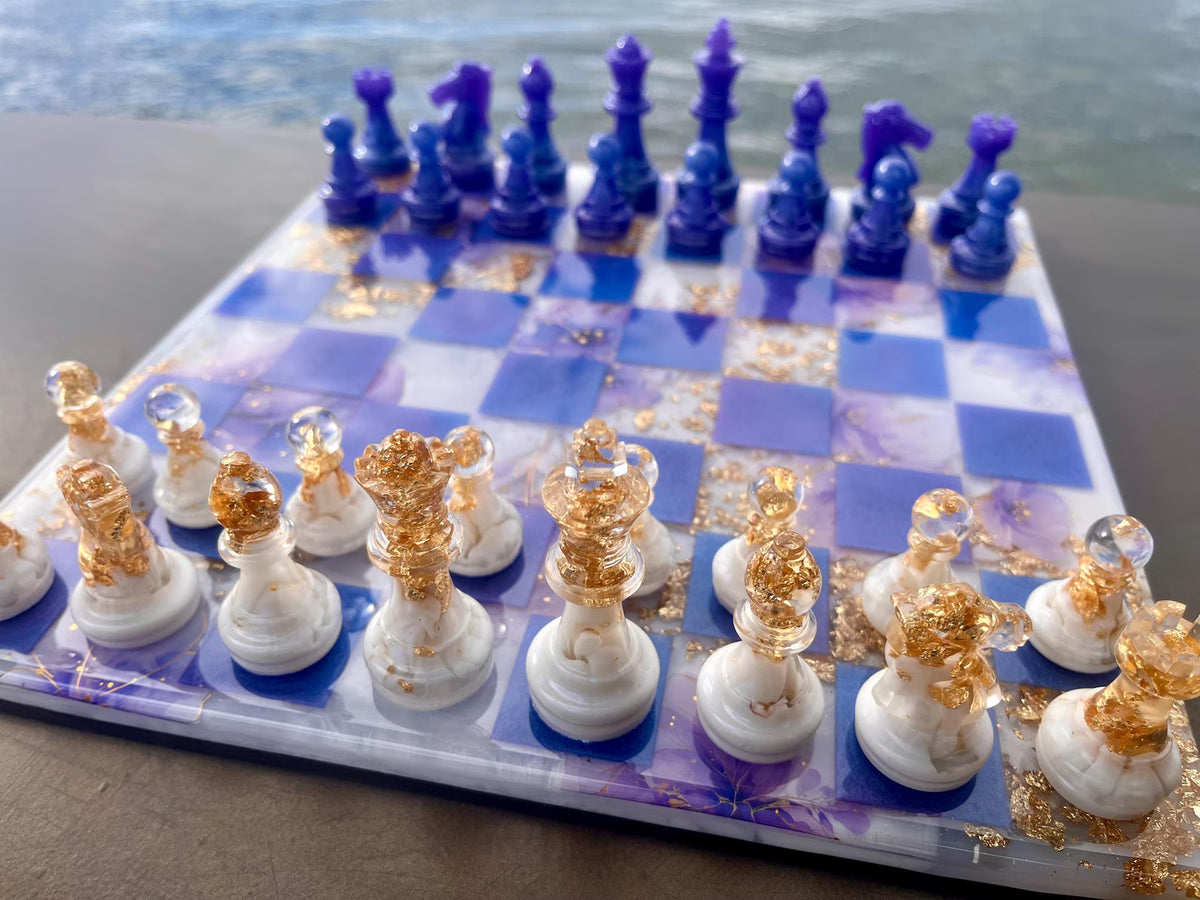 Aurora Daydream Resin Chess Set Handmade Floral Watercolor Board with Gold Leaf Accents Design