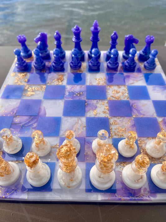 Aurora Daydream Resin Chess Set Handmade Floral Watercolor Board with Gold Leaf Accents Design