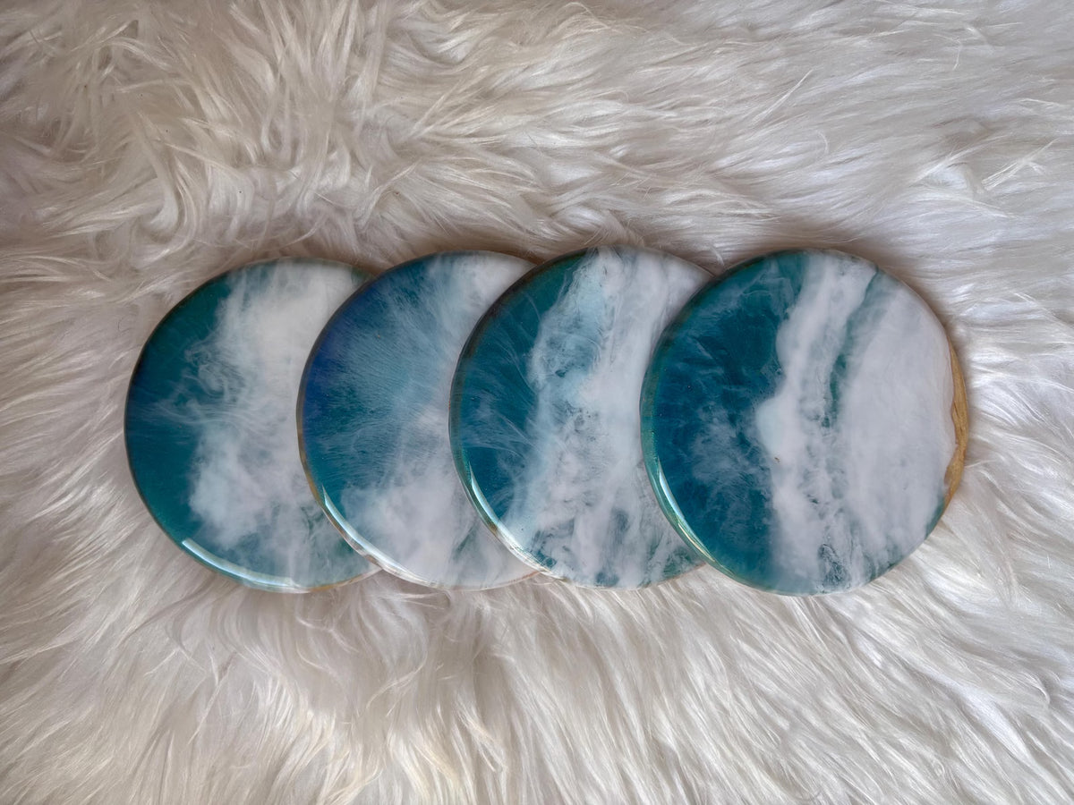 Ocean Resin Coasters, Handmade Coastal Wood Coasters, Blue Wave Decor, Rustic Beach Home Table Accessories