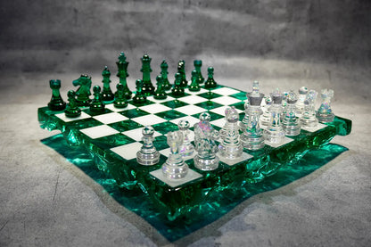 Handmade Dark Green Resin Chess Set – Personalized Luxury Board Game Gift