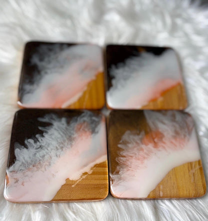 Ocean Resin Coasters, Handmade Coastal Wood Coasters, Blue Wave Decor, Rustic Beach Home Table Accessories