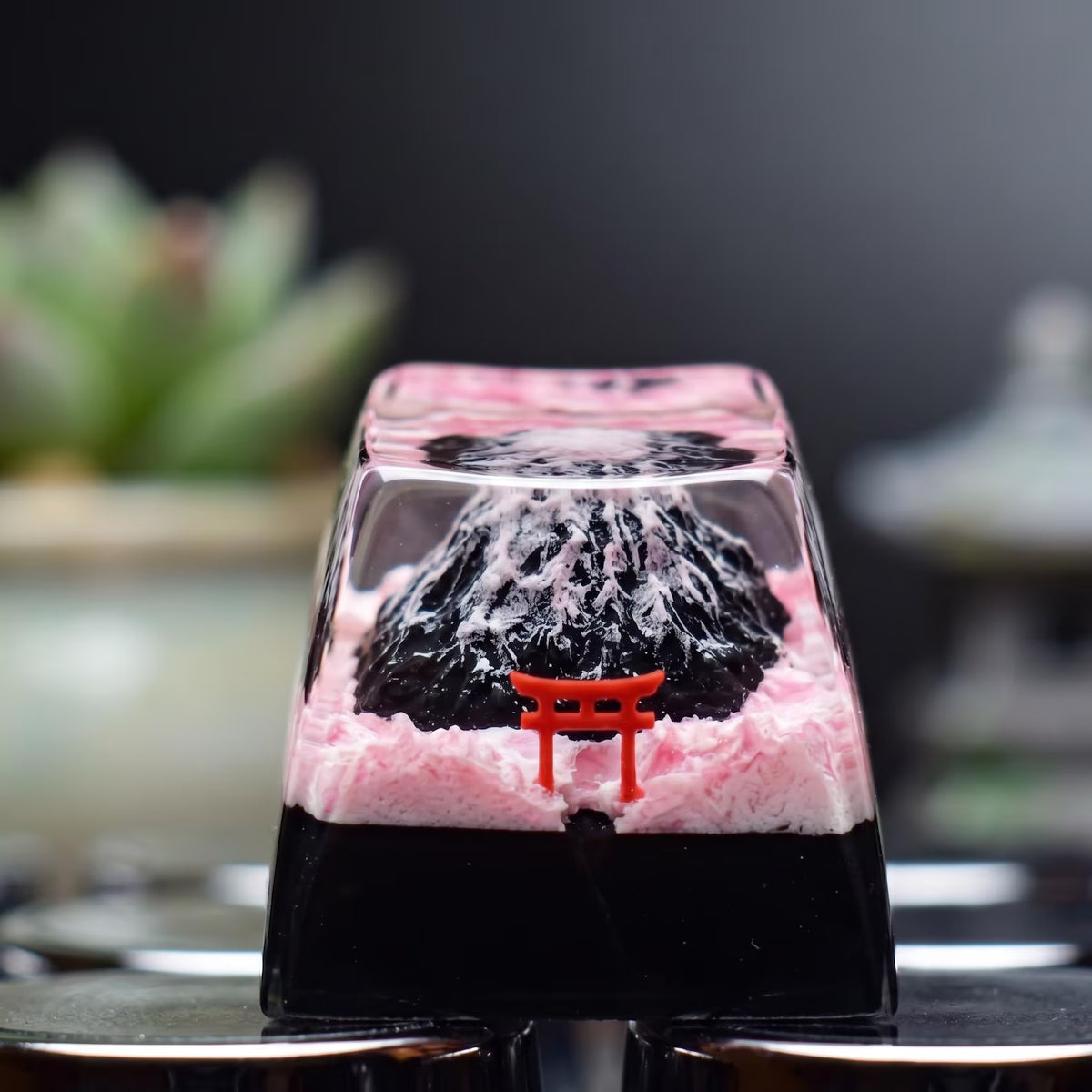 Mount Fuji Torii Gate Cherry Blossom Resin Artisan Keycap, Japanese Gaming Setup Handmade Keyboard Accessory