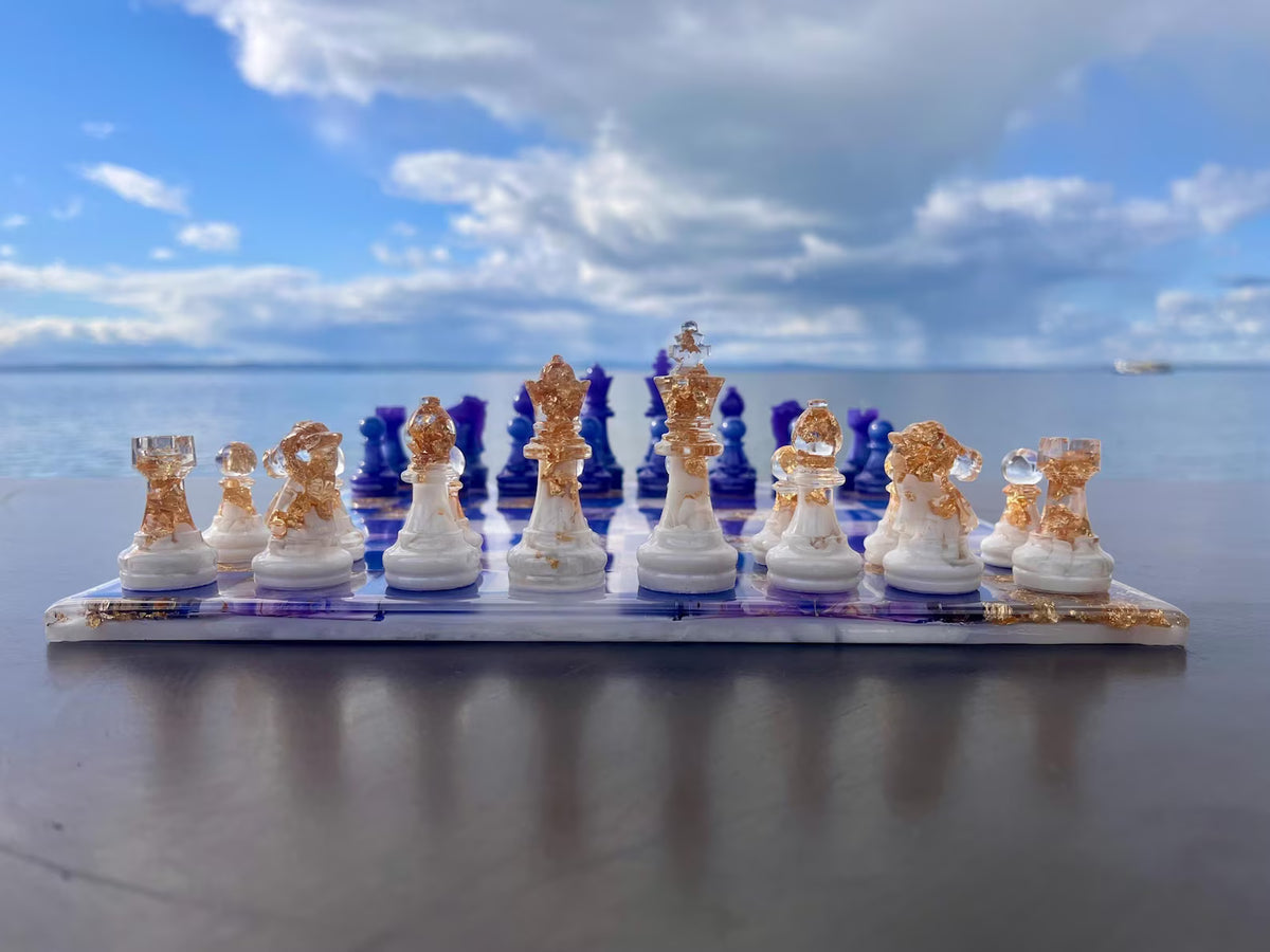 Aurora Daydream Resin Chess Set Handmade Floral Watercolor Board with Gold Leaf Accents Design