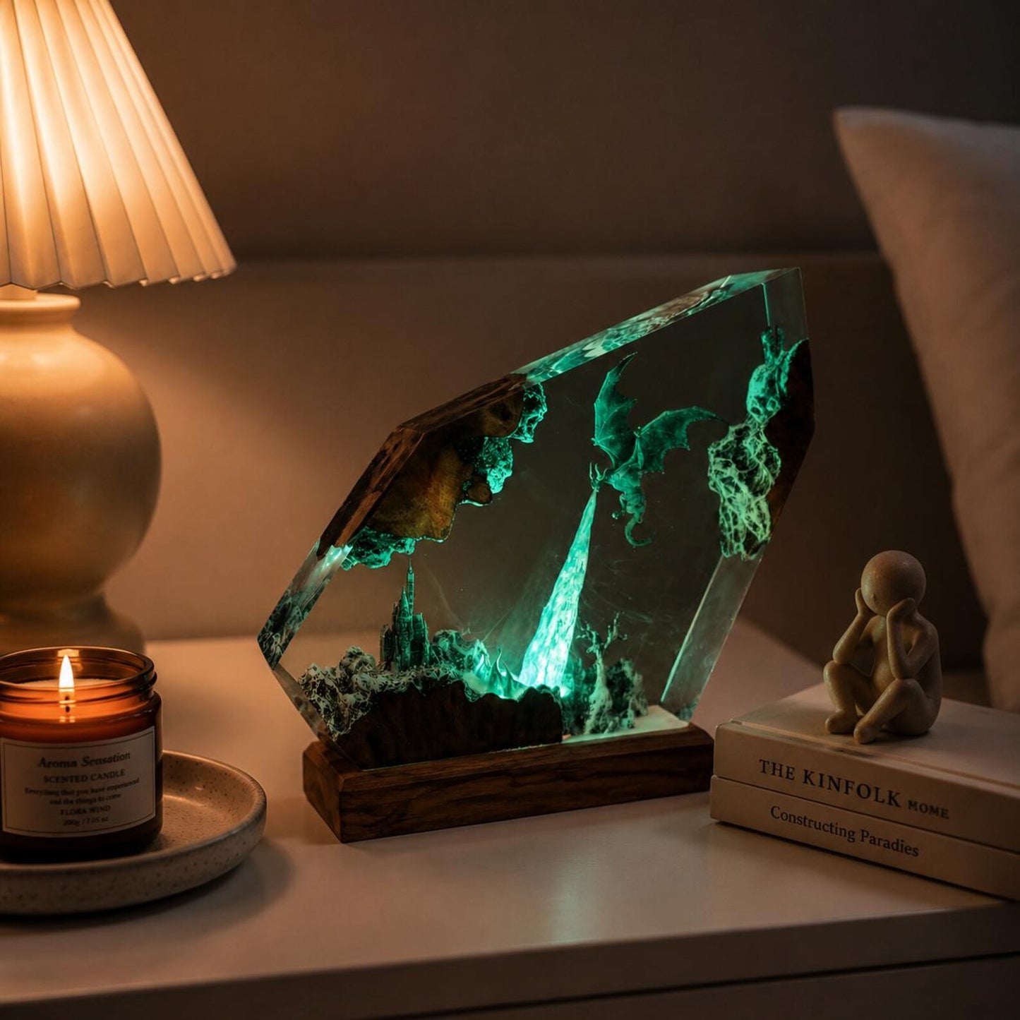 Handmade Fire-Breathing Dragon Resin Lamp – Fantasy Table Light and Gaming Decor