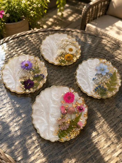 Floral Resin Coaster Set, Pressed Flower Gold Flake, Handmade Home Decor Holder, Elegant Design