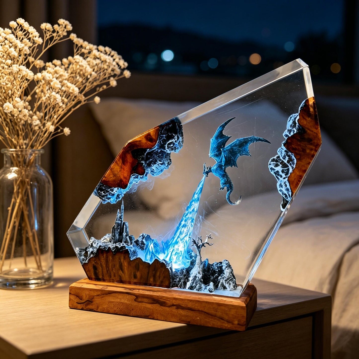 Handmade Fire-Breathing Dragon Resin Lamp – Fantasy Table Light and Gaming Decor