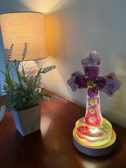 Handmade Flower Resin Cross Light, Floral Christian Decor, Faith Inspired Wall Art, Religious Home Accent